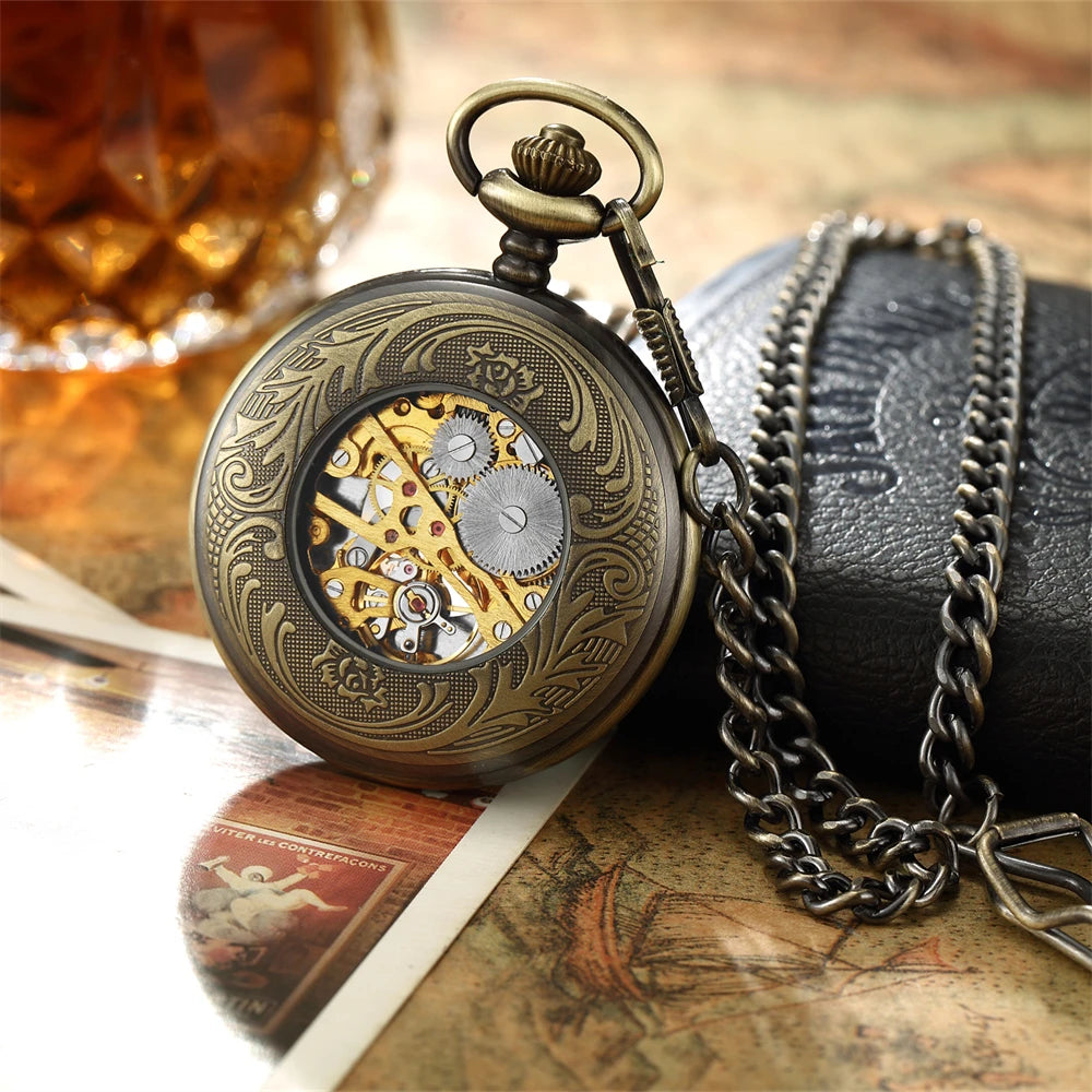 Luxury Retro Golden Hollow Skeleton Mechanical Pocket Watch Mens Fob Chain Steel Exquisite Sculpture Women Men Pocket Wath Gifs