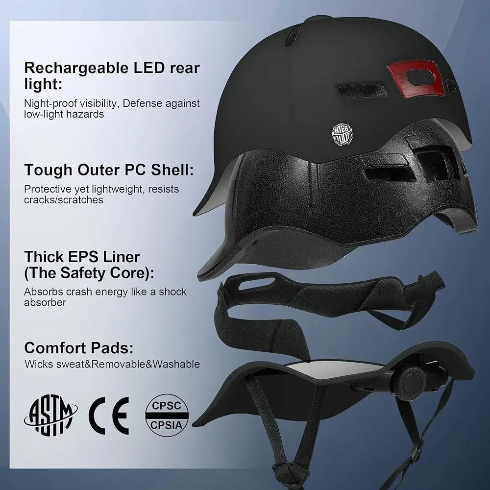 Bike Helmet Adult Men/Women-USB Rechargeable Rear Light CPSC/ASTM Certified 2 Removable Liners Adjustable Lightweight Basebal