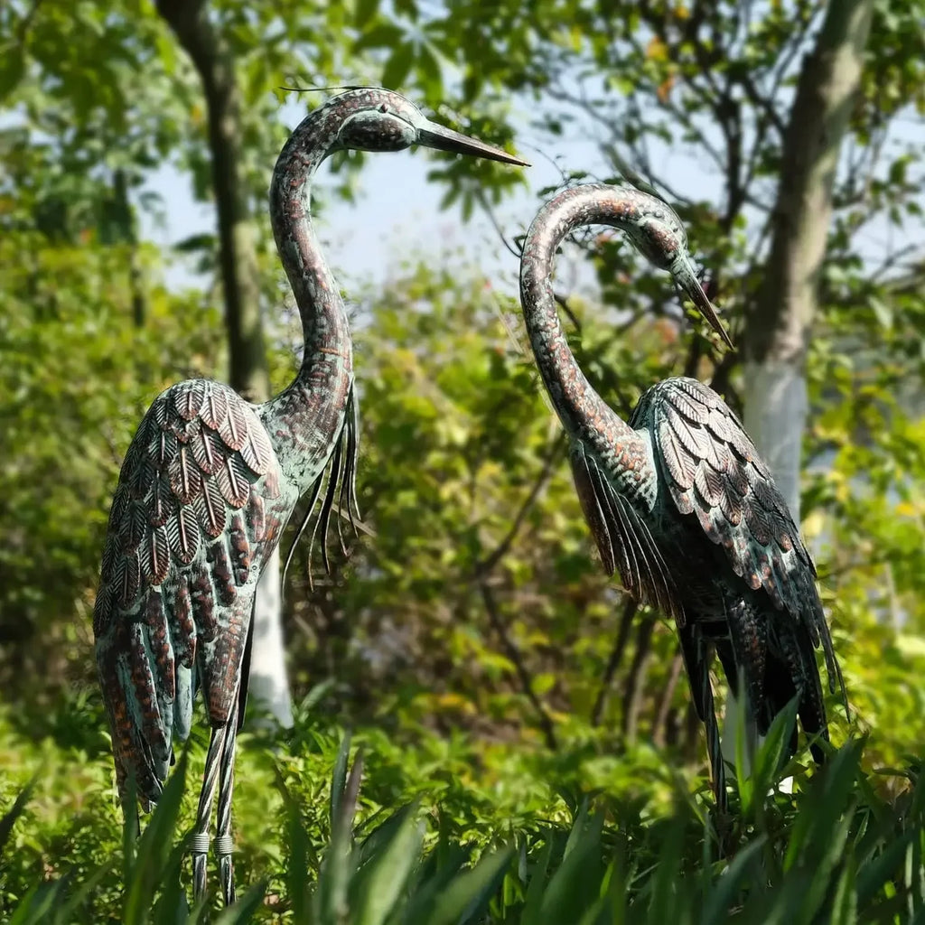 Garden Crane Statues, Standing Metal Patina Heron Decoy Outdoor Statue, 42-46 Inch Bird Yard Art for Patio Lawn Pond, Set of 2