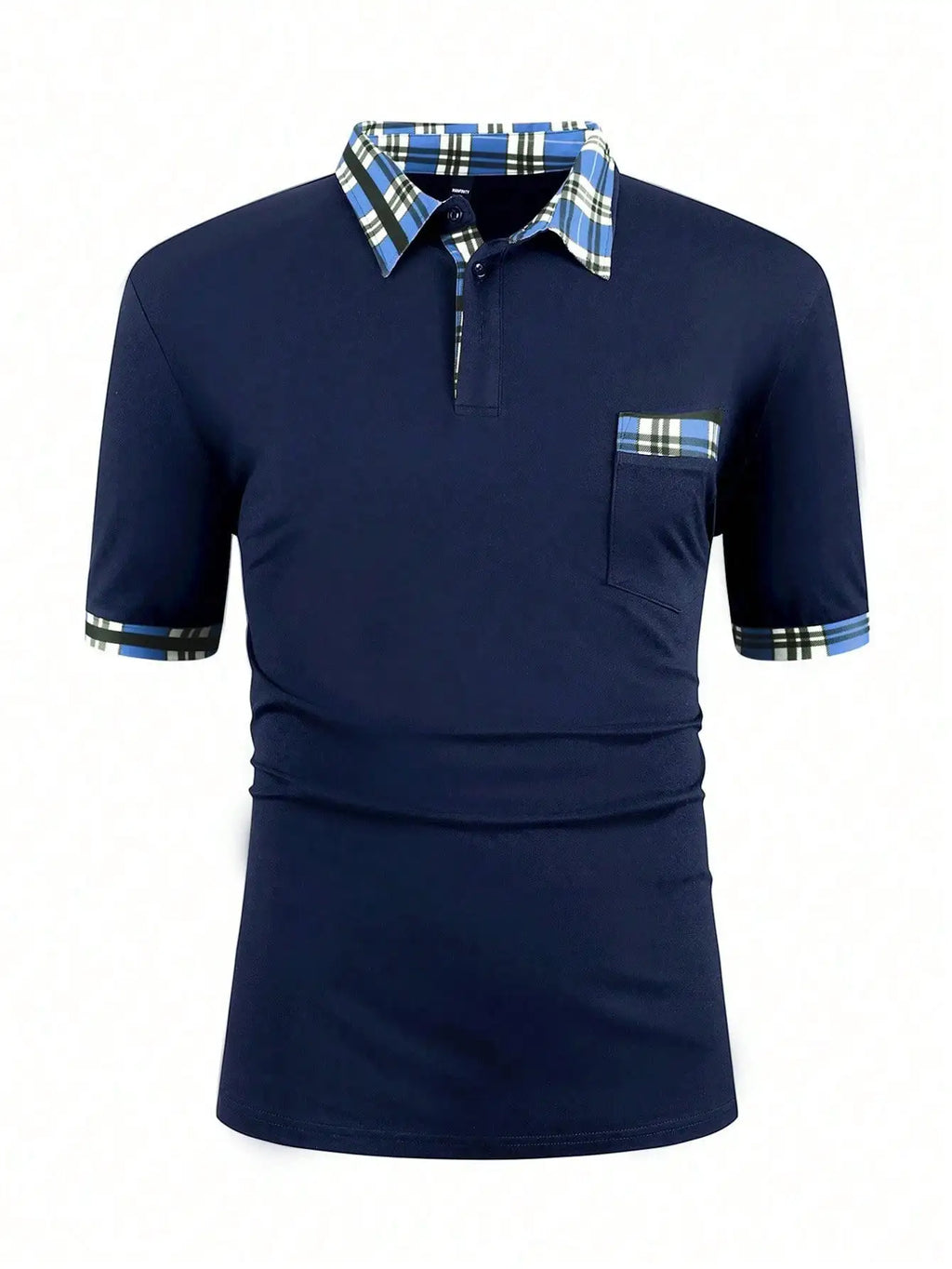 Navy Blue Men's Short Sleeve Polo Shirt with Plaid Trim Collar and Cuff