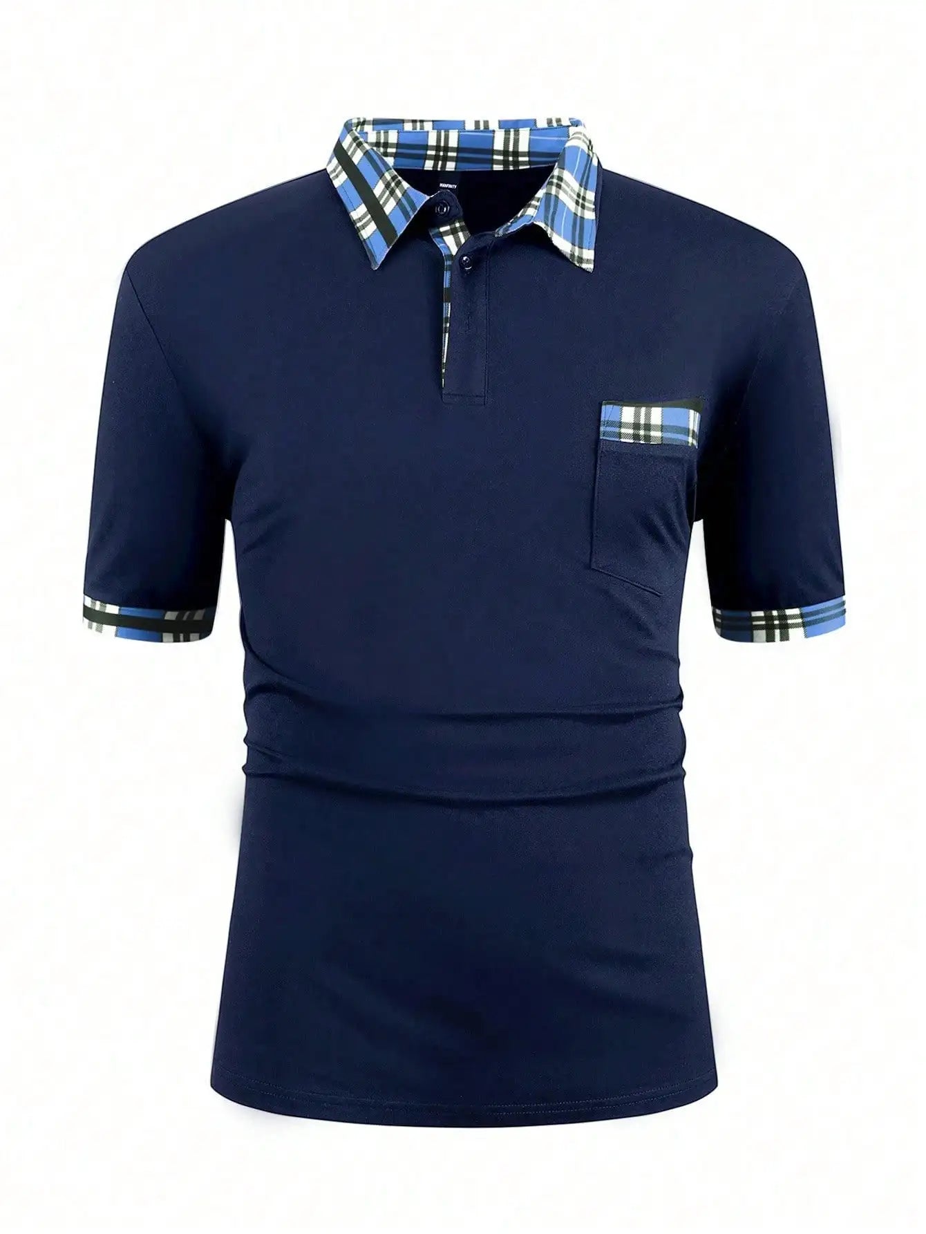 Navy Blue Men's Short Sleeve Polo Shirt with Plaid Trim Collar and Cuff