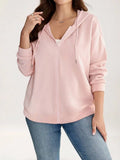 Gray Ribbed Drop Shoulder Zip-Up Hoodie with Drawstring for Spring Fall Casual Wear