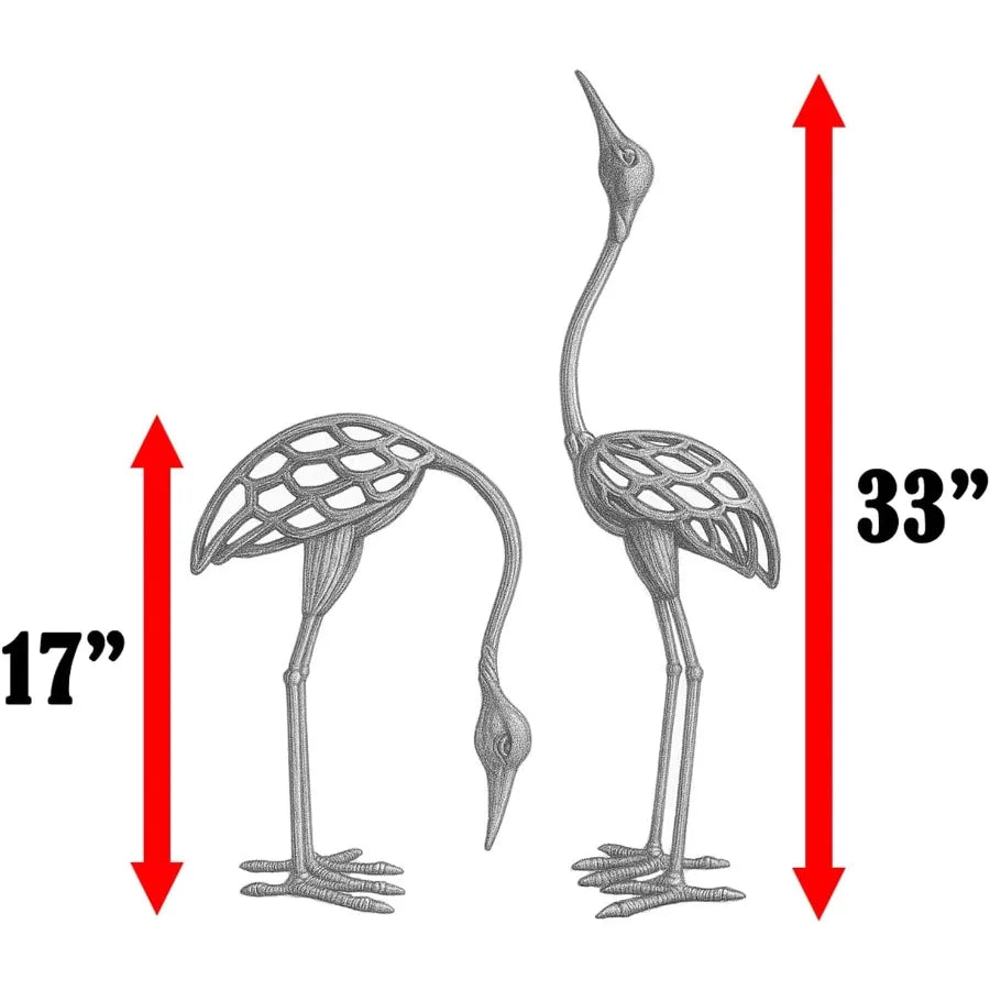 Cast Iron Metal Crane/Heron Bird Garden Sculptures Statues for Indoor or Outdoor Lawn Decor Rustic Bronze Set of 2