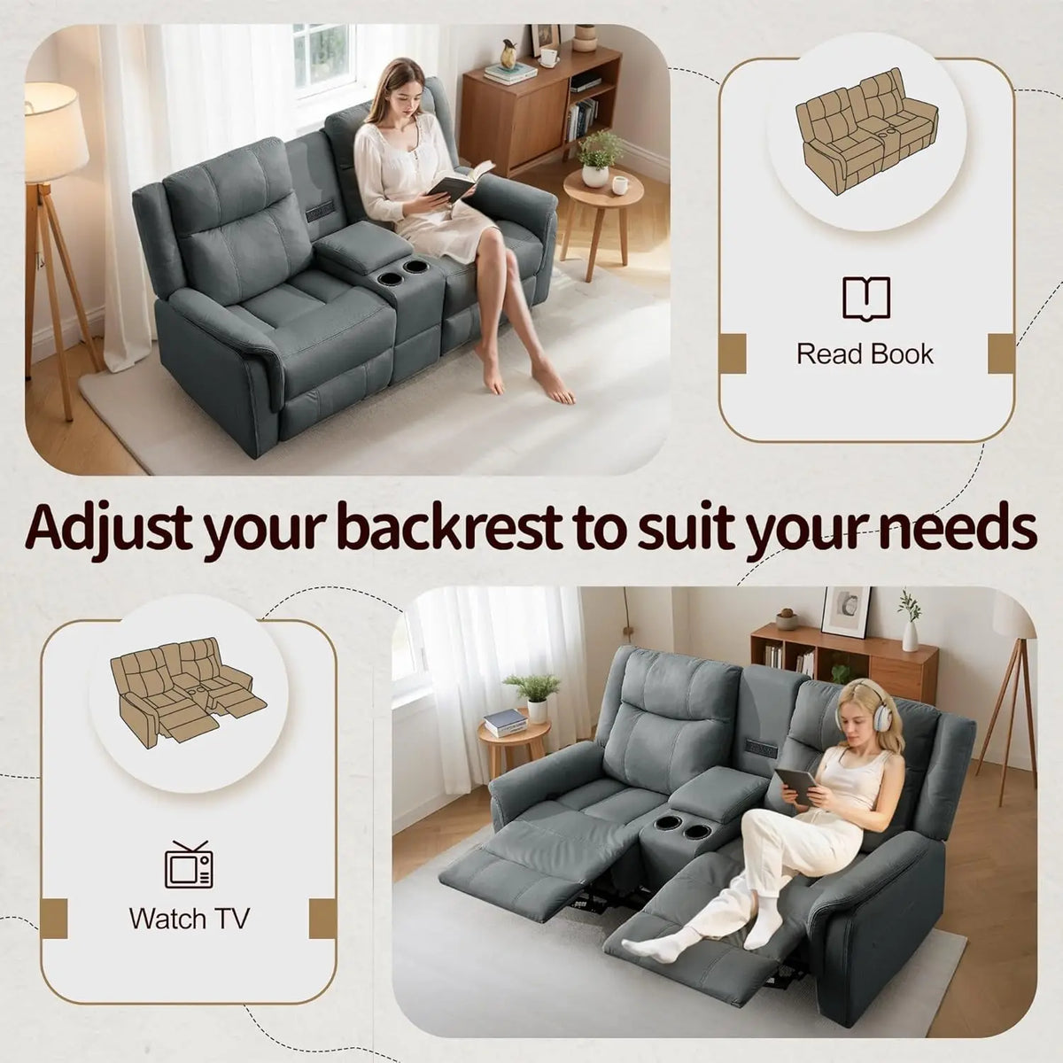 Reclining Loveseat With Console USB Port Outlets Cup Holders 2-Seater Living Room, Customized