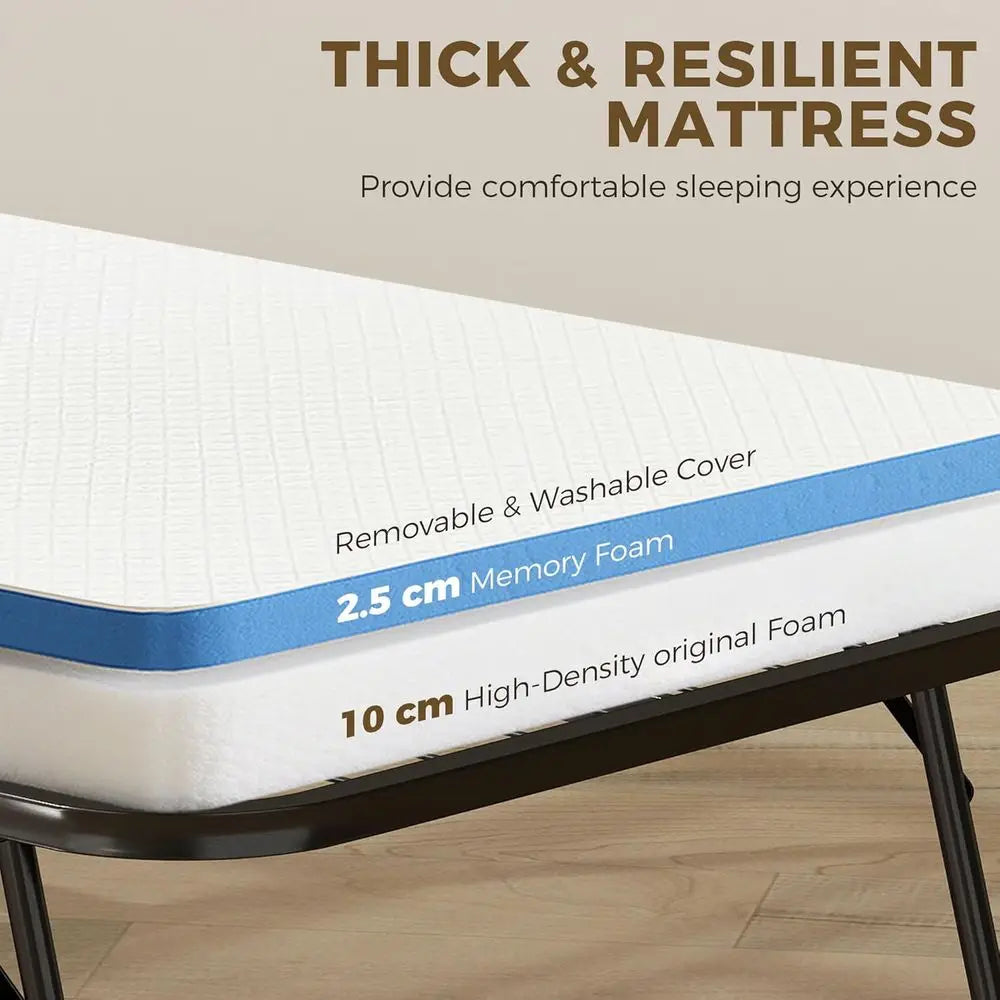 Portable Folding Bed with 5 Memory Foam Mattress, Adult Size, Space-Saving Steel Frame, 79 x 31, Roll Away, White.