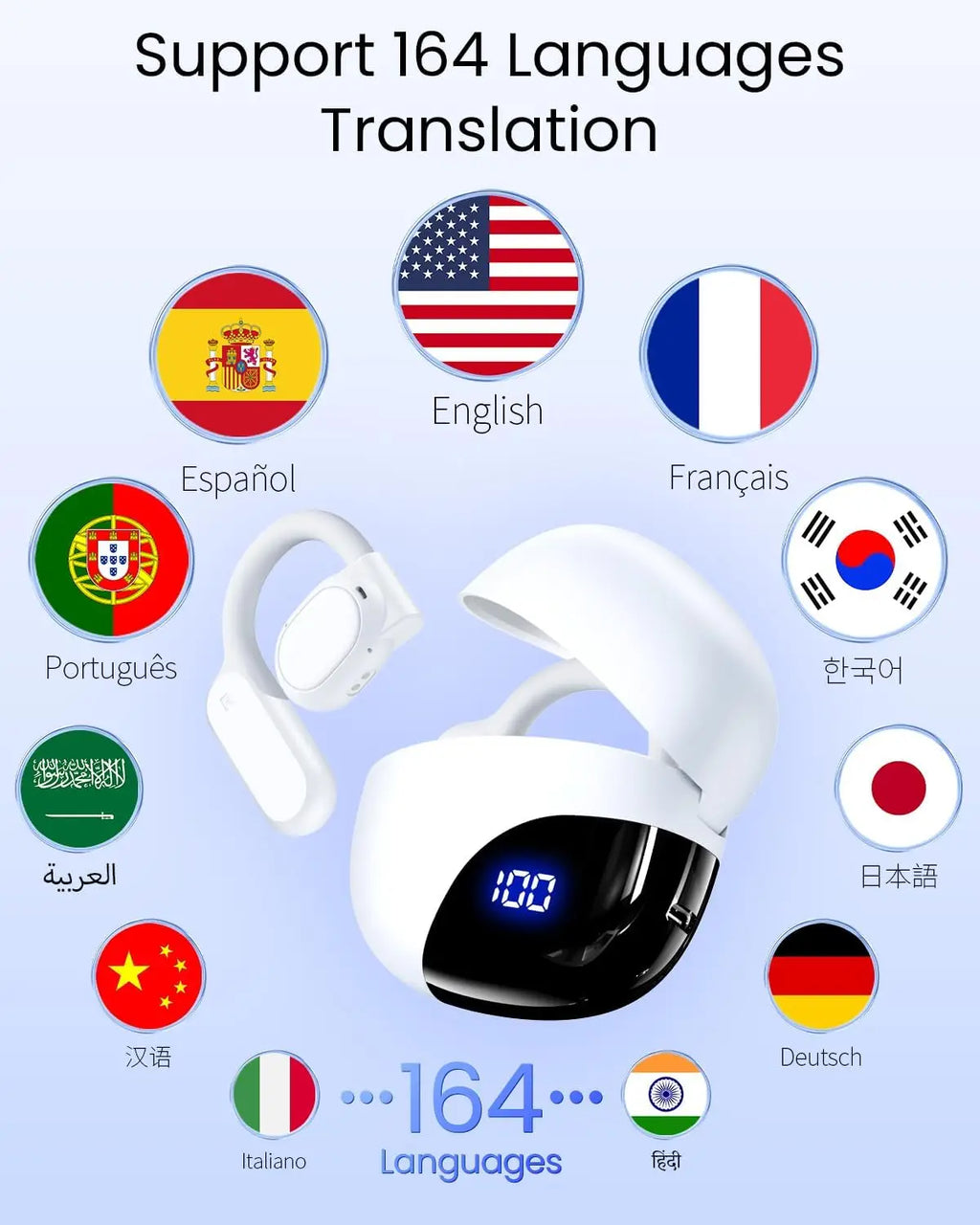 AI Translation Earbuds Real-Time 164 Languages 80H Playtime Wireless Bluetooth for Travel Business