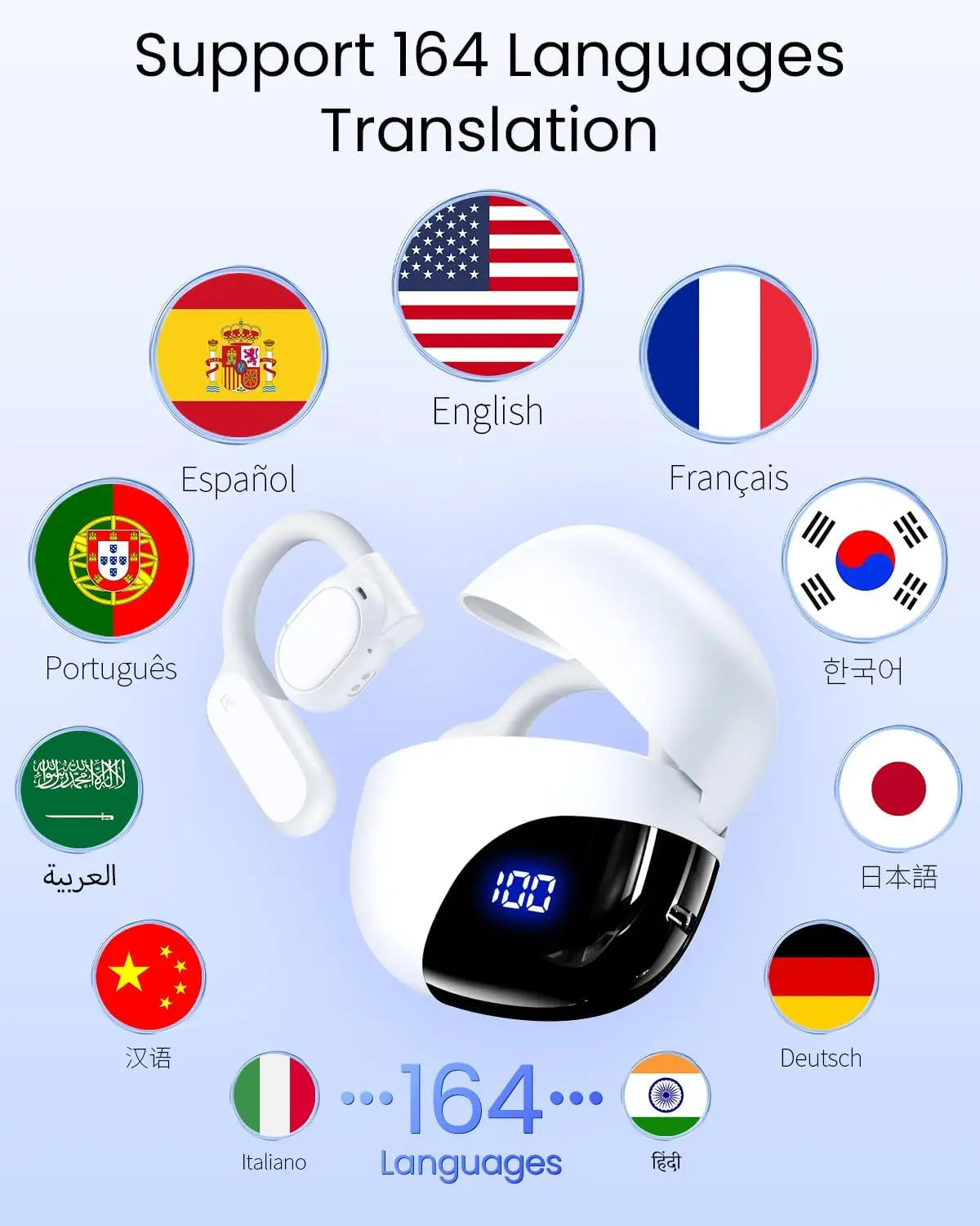 AI Translation Earbuds Real-Time 164 Languages 80H Playtime Wireless Bluetooth for Travel Business