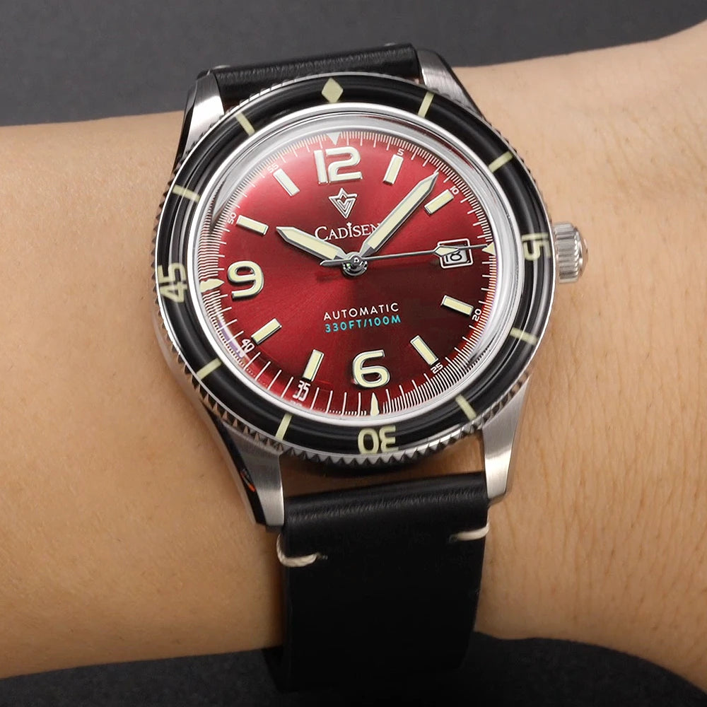 CADISEN NEW Watches Mechanical Automatic Wristwatches MIYOTA 8215 Movement Genuine Leather Waterproof Luminous Red Watch of Men