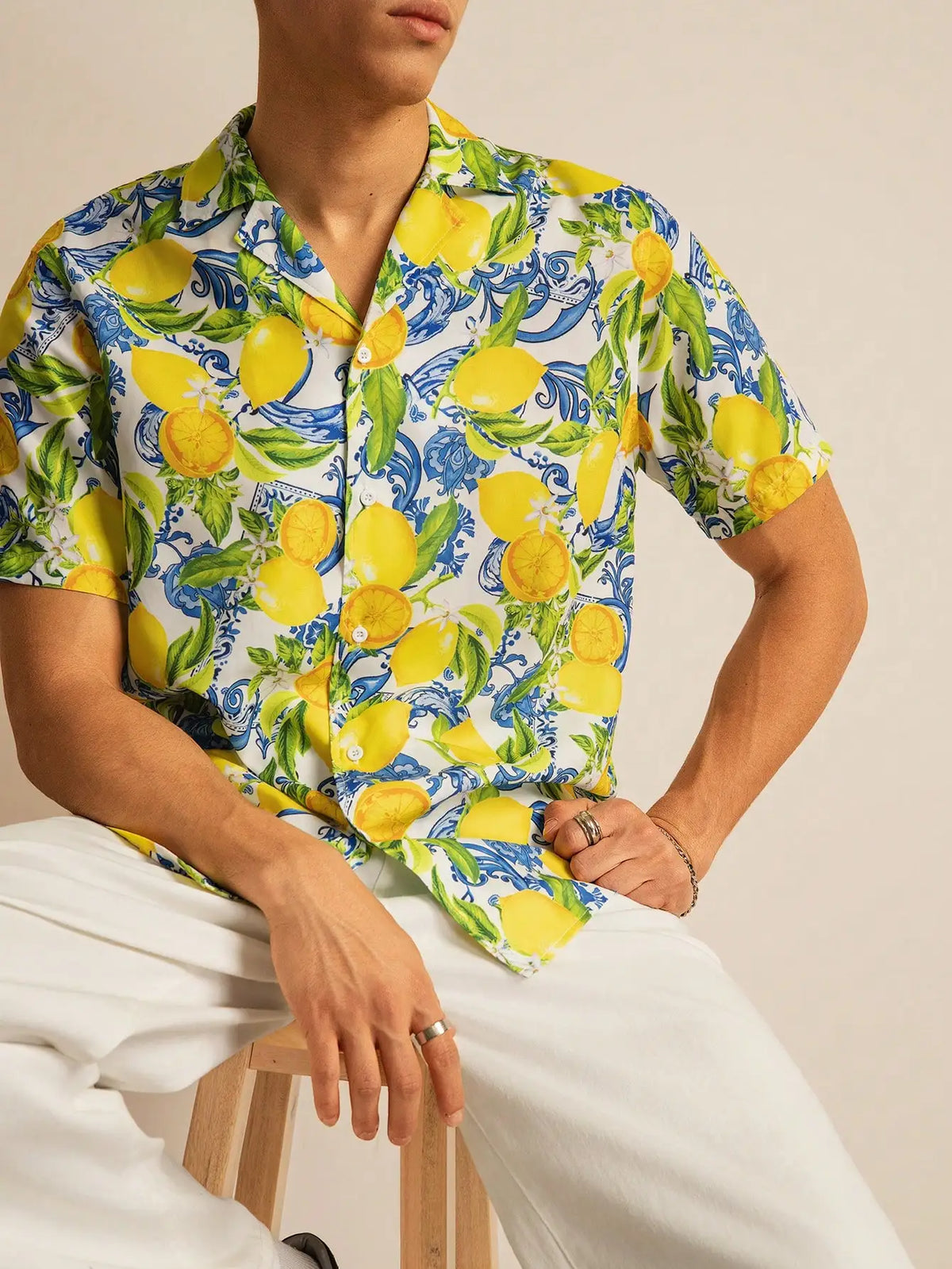 Lemon Print Short Sleeve Button-Down Shirt for Men, Casual Vacation Style