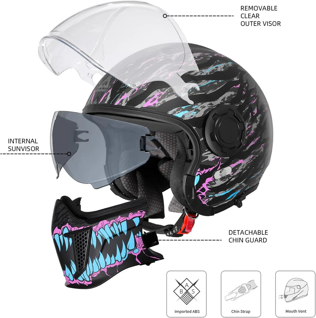 Full Face Motorcycle Helmets Off-Road Motocross Helmet for Men Women Dual Visor with Internal Tinted Sunshield Open Face 3/4 Adu