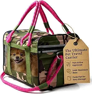 Soft Sided Pet Carrier, Cat Carrier, Dog Carrier, Pets Up to 15 lbs, Leash & Luggage Strap, Camo Pin