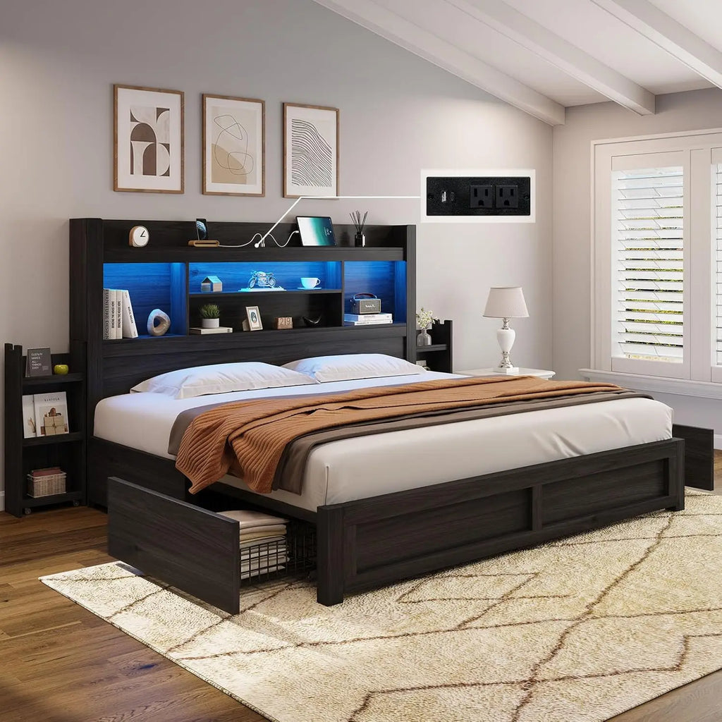 King Size Bed Frame with 4 Storage Drawers, LED Bed Frame with 49.6" Tall Bookcase Headboard, Wood Platform Bed with Charging St