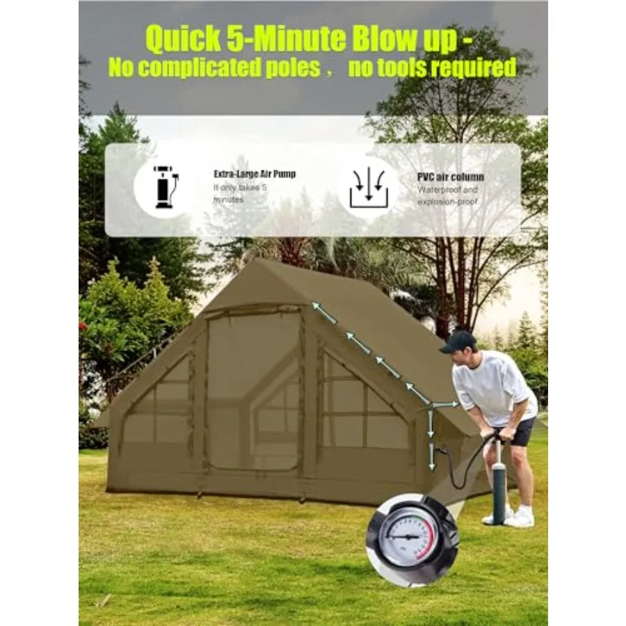 Inflatable 4-6 Person Waterproof Glamping Tent with Stove Jack Mesh Windows Easy Blow Up Tent for 4 Seasons Outdoor Camping Hot