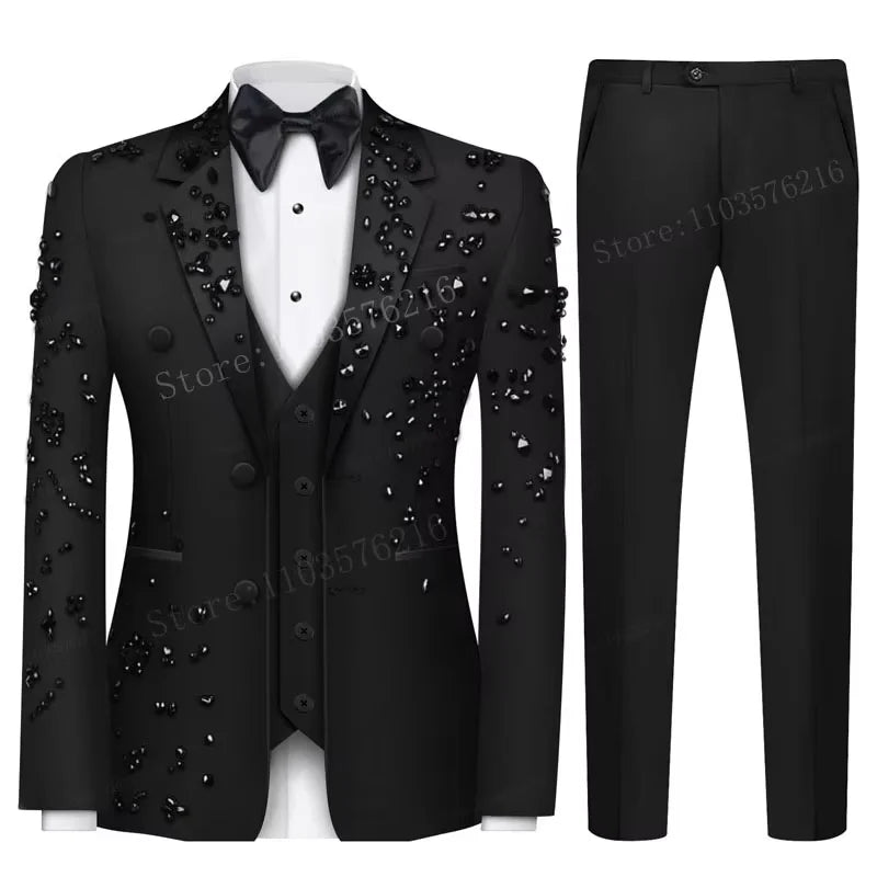 Upscale Men's Black Suits 2 Pieces Tailored Made Beaded Crystals single breasted Slim Fit Suits Wedding Groom Business Prom