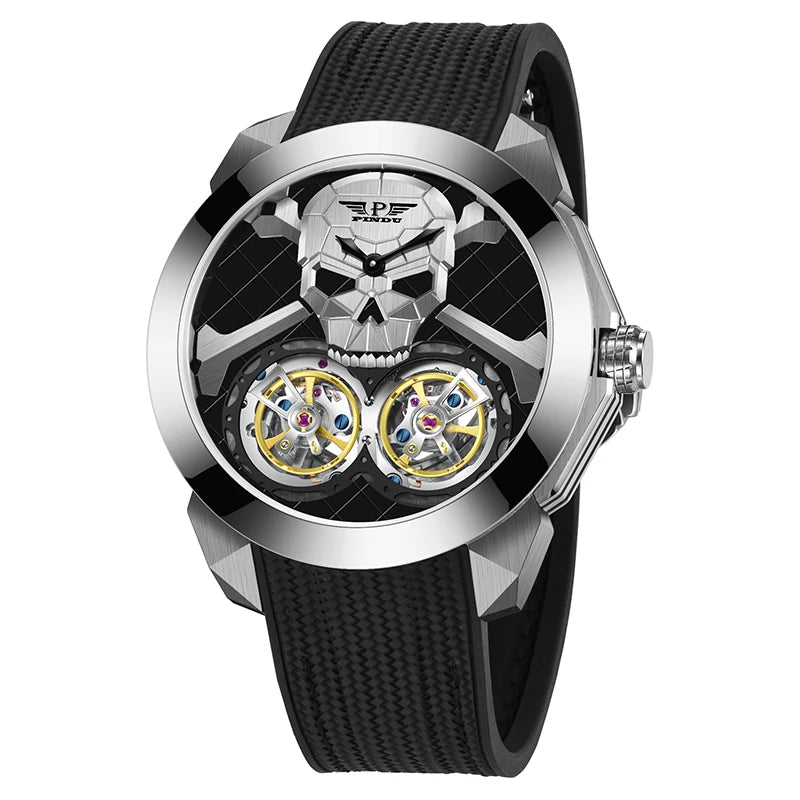 PINDU Punk Skull Double Flywheel Design Sapphire Man Watch Hollow Automatic Mechanical Waterproof Men's Automatic Wristwatch Men