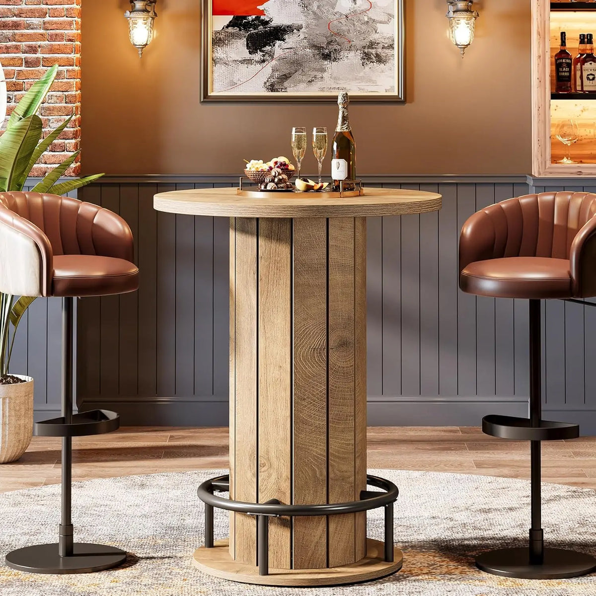 Round Bar Table, 39.4" H Wood Bistro Pub Table with Metal Ring Footrest for Dining Coffee Cocktail Living Room,, Customized