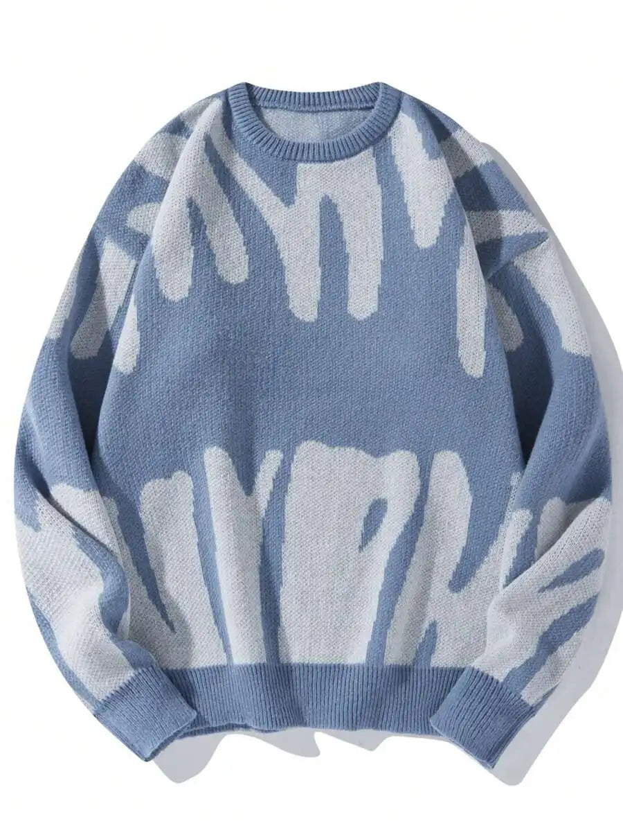 Men's Oversized Graphic Knit Sweater with Bold Black Pattern, Fall Winter Casual Wear