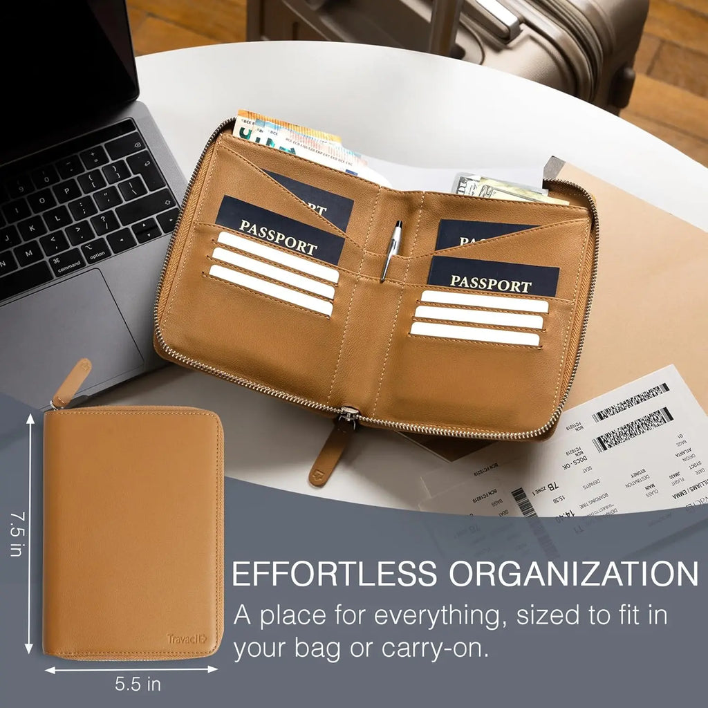 Full Grain Leather Passport Holder for 4, RFID Blocking Travel Organizer - Family Wallet in Camel