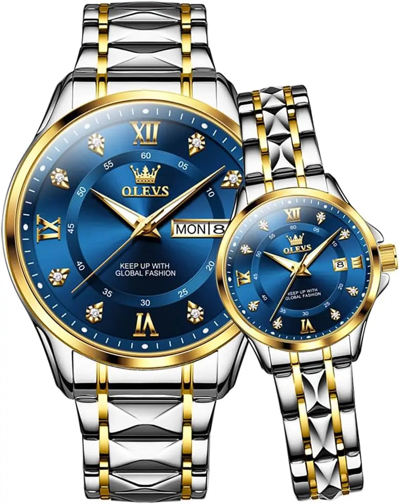 Luminous Calendar Date Waterproof Stainless Steel Couple Watch for Men and Women, Formal Casual Romantic Wedding Gift