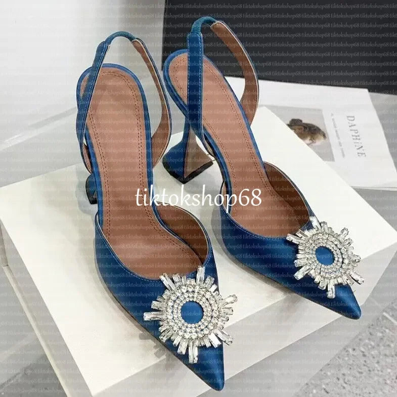 Amina muadii heels designer sandals womens wedding dress shoes satin pointed slingbacks bowtie pumps crystal sunflower flower hi