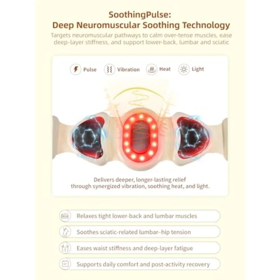 4-in-1 Smart Lower Back Massager with Heat Pulse Vibration Light Wearable Waist Lumbar Sciatica Pain Relief Device for Long Sit