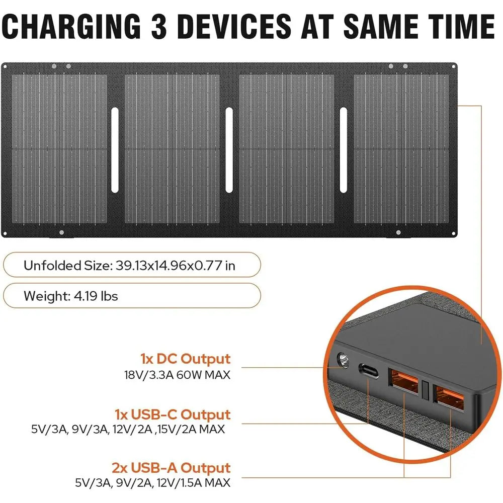 60W Portable Solar Panel with DC, USB-C, and USB-A Outputs for Laptop, Outdoor, Camping, and Road Trip Power Needs