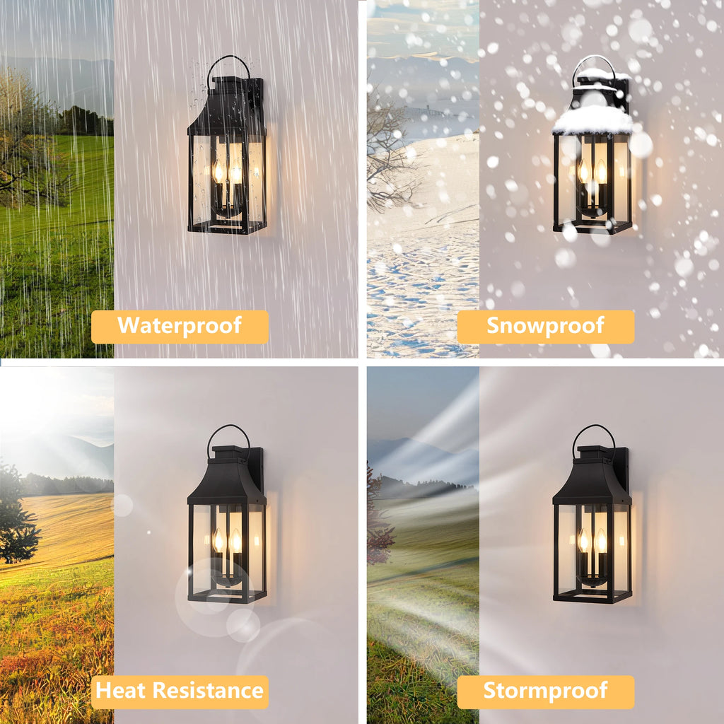 20" 2-Light Outdoor Wall Lantern Black Metal Clear Glass E12 Base Weatherproof for Porch Garage Exterior Hardwired 120V No Bulbs