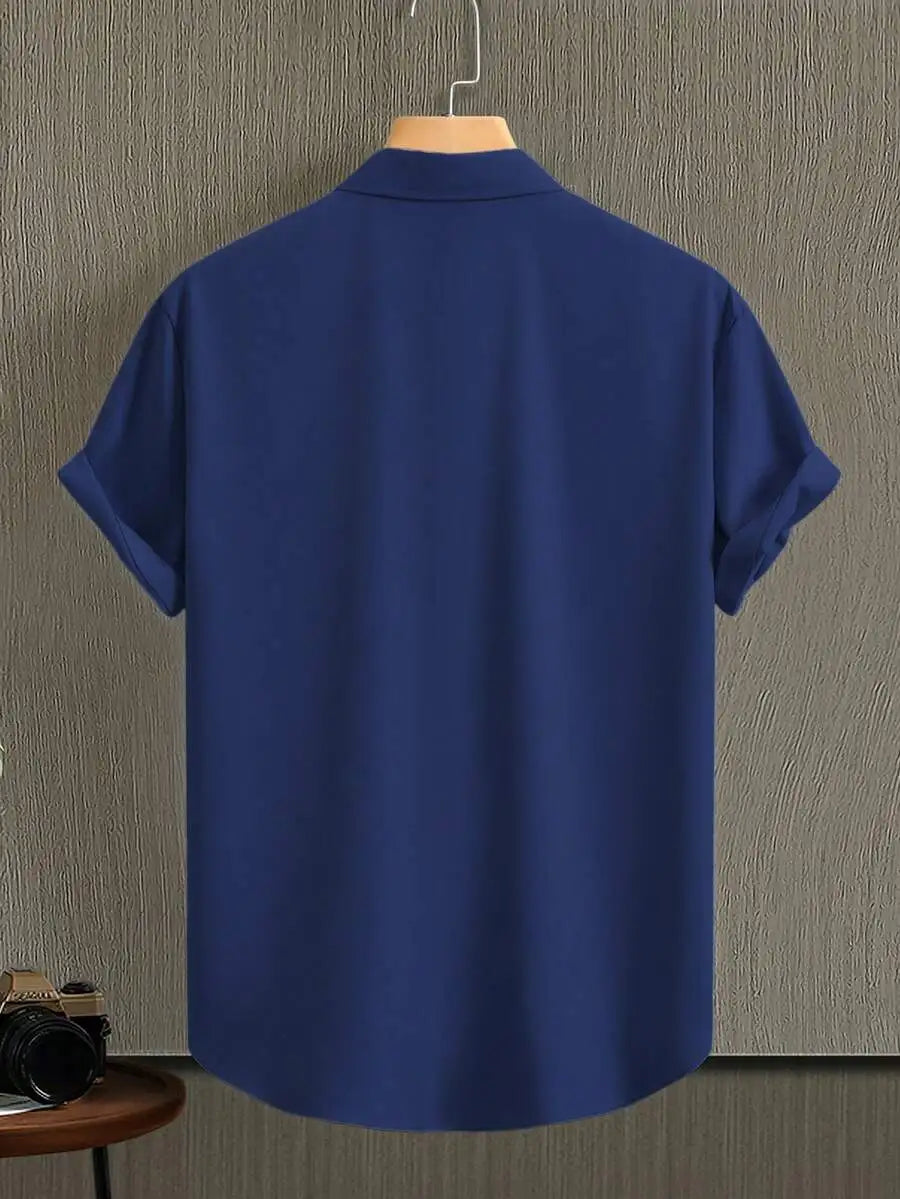 Men's Black Short Sleeve Button-Up Shirt with Cat Graphic Print