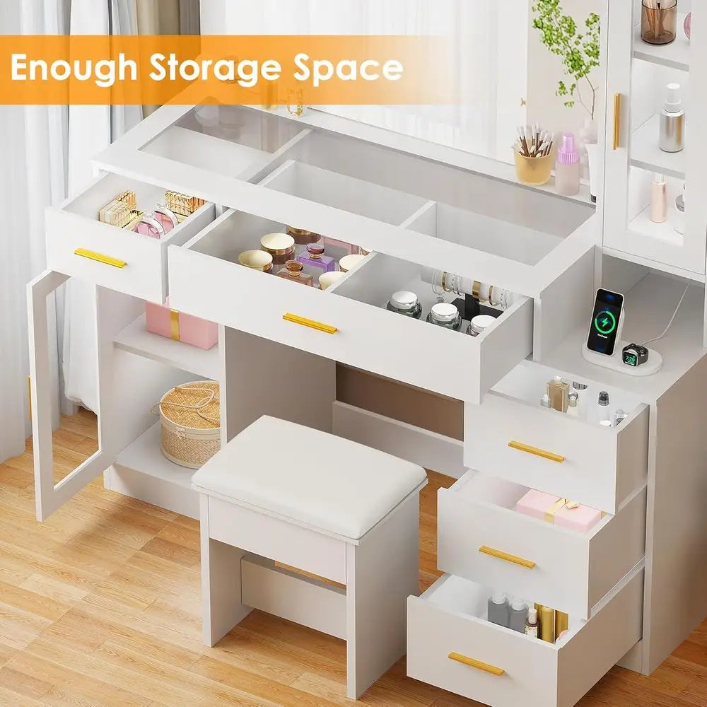 49.2 Large White Vanity Desk with Mirror, Lights, Glass Top, Stool, Makeup Desk with Power Outlet, 5 Drawers, Nightstand for Bed