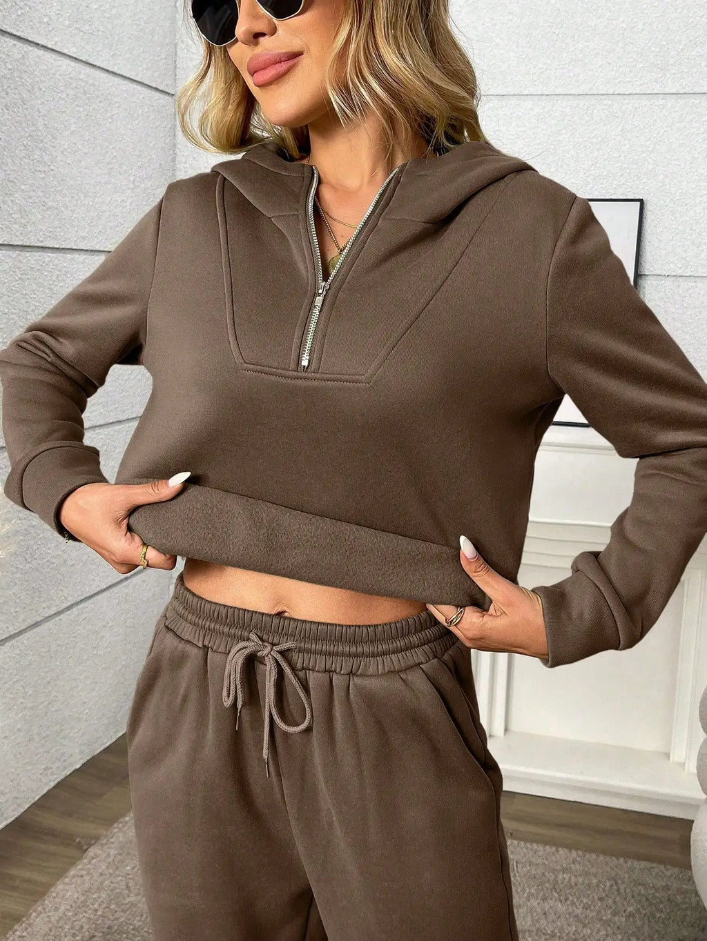 Women's Brown Hooded Half-Zip Sweatshirt and Wide-Leg Pants Set