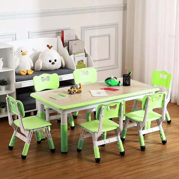 Kids Table and Chairs Set, Height Adjustable Desk with 6 Seats for Ages 2-10,Graffiti Desktop for Classrooms,Daycares,Home