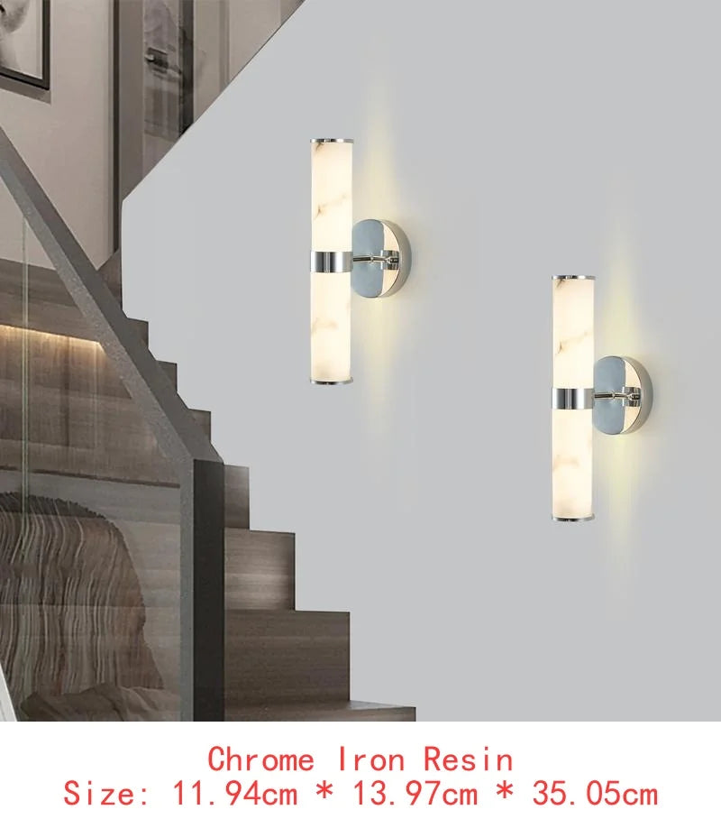 Set of 2 Resin Faux Marble Chrome Wall Sconces, Modern Vertical Light Fixtures for Indoor Use in Bathrooms, Hallways, and