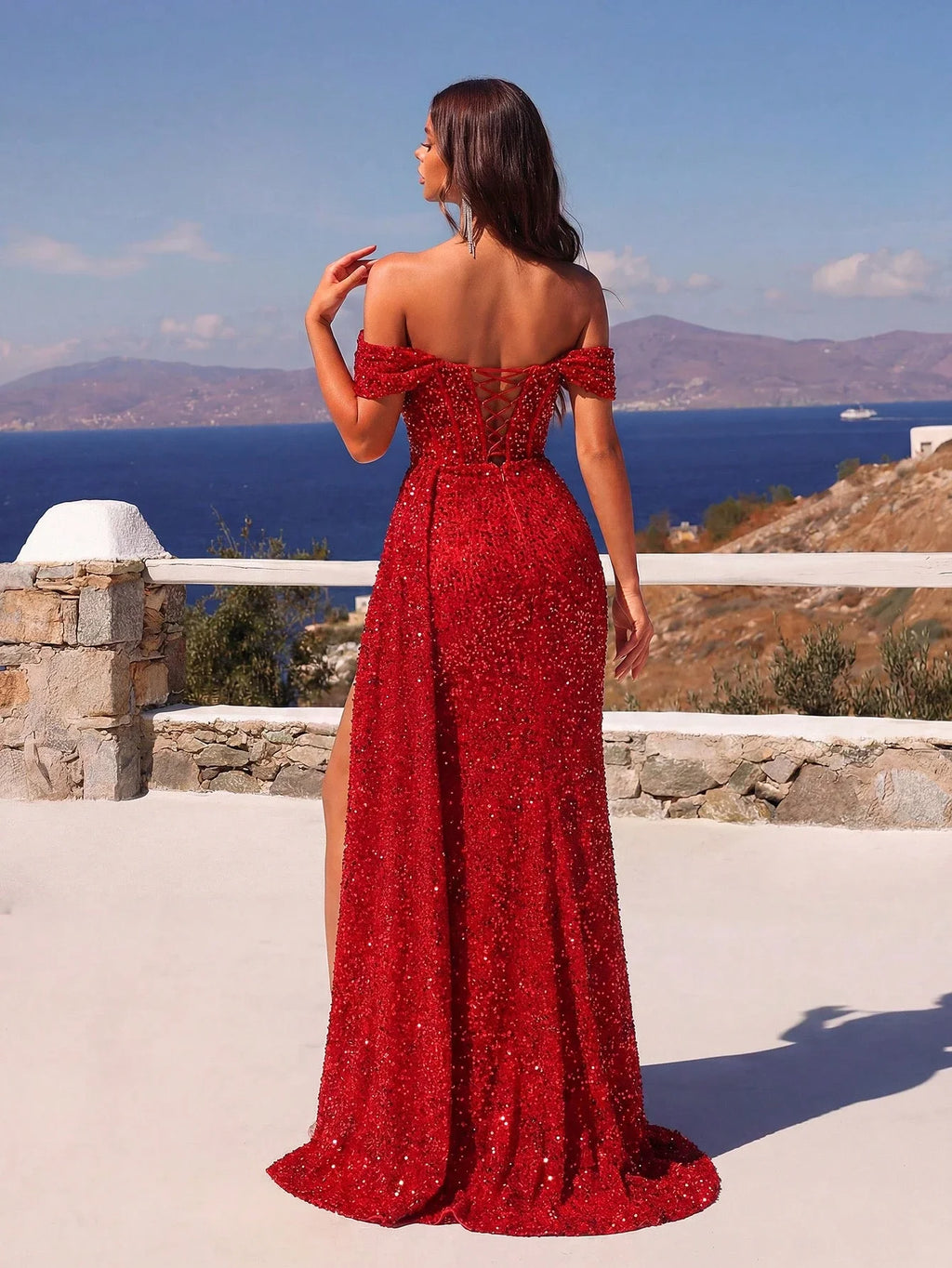 Red Glitter Off-Shoulder Corset Dress With High Front Slit, Draped Skirt, And Train For Evening Formal Events