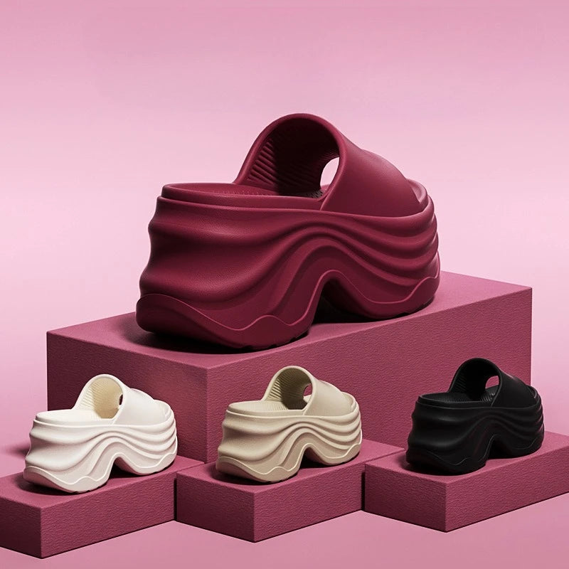 Solid Color Platform Slippers Women Thick Sole Non Slip Beach Slides Sandals Lady Summer Soft Sole Wedge Heel Slipper