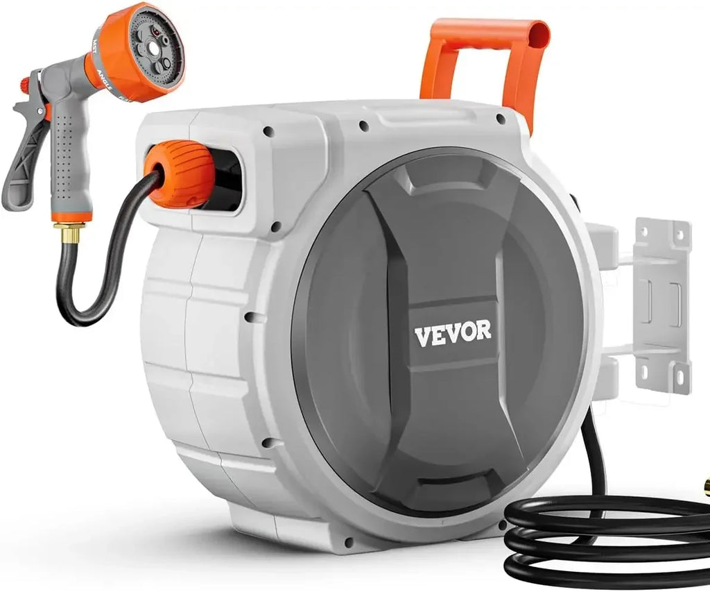 Retractable Garden Hose Reel, 5/8 Inch x 100 ft Wall Mounted Hose Reel, Heavy Duty Garden Hose Reel with 9 Patterns Nozzle