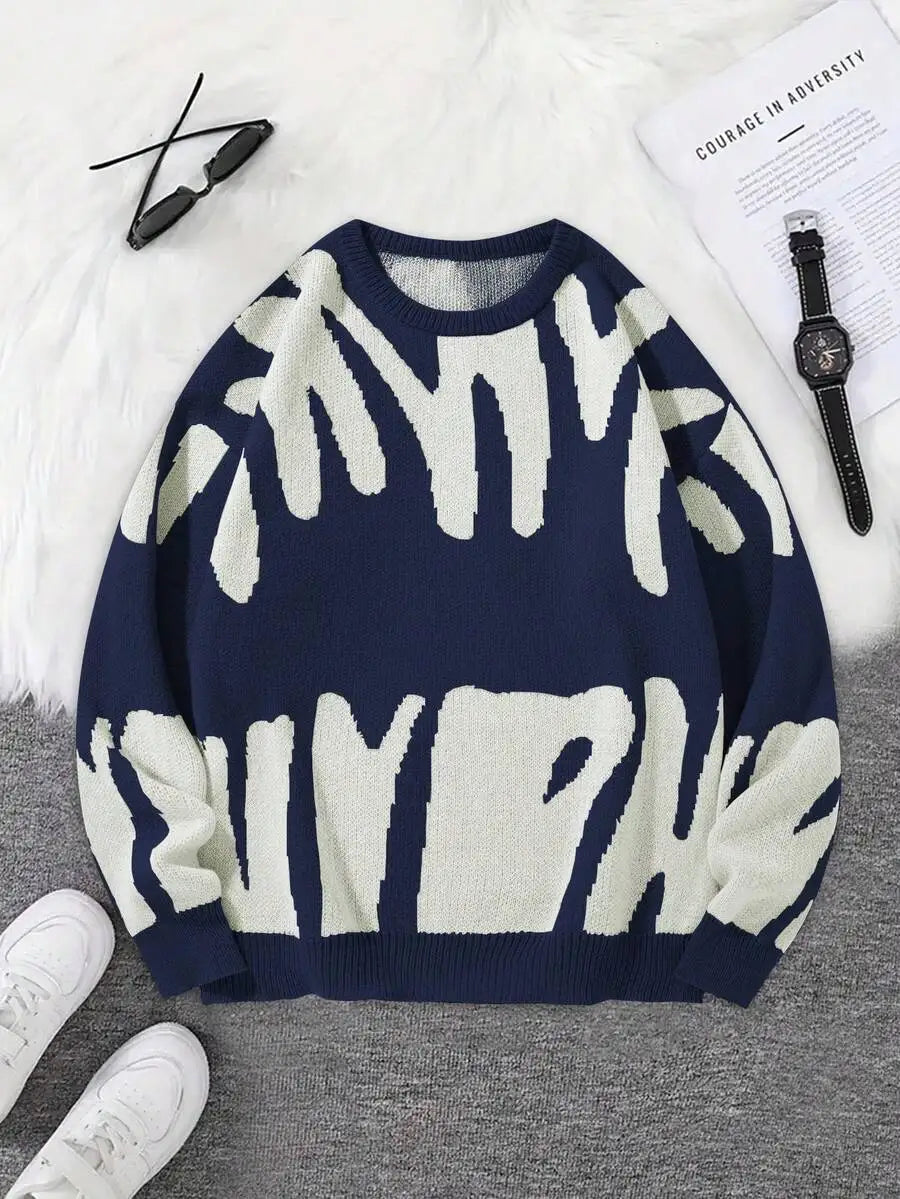 Men's Oversized Graphic Knit Sweater with Bold Black Pattern, Fall Winter Casual Wear