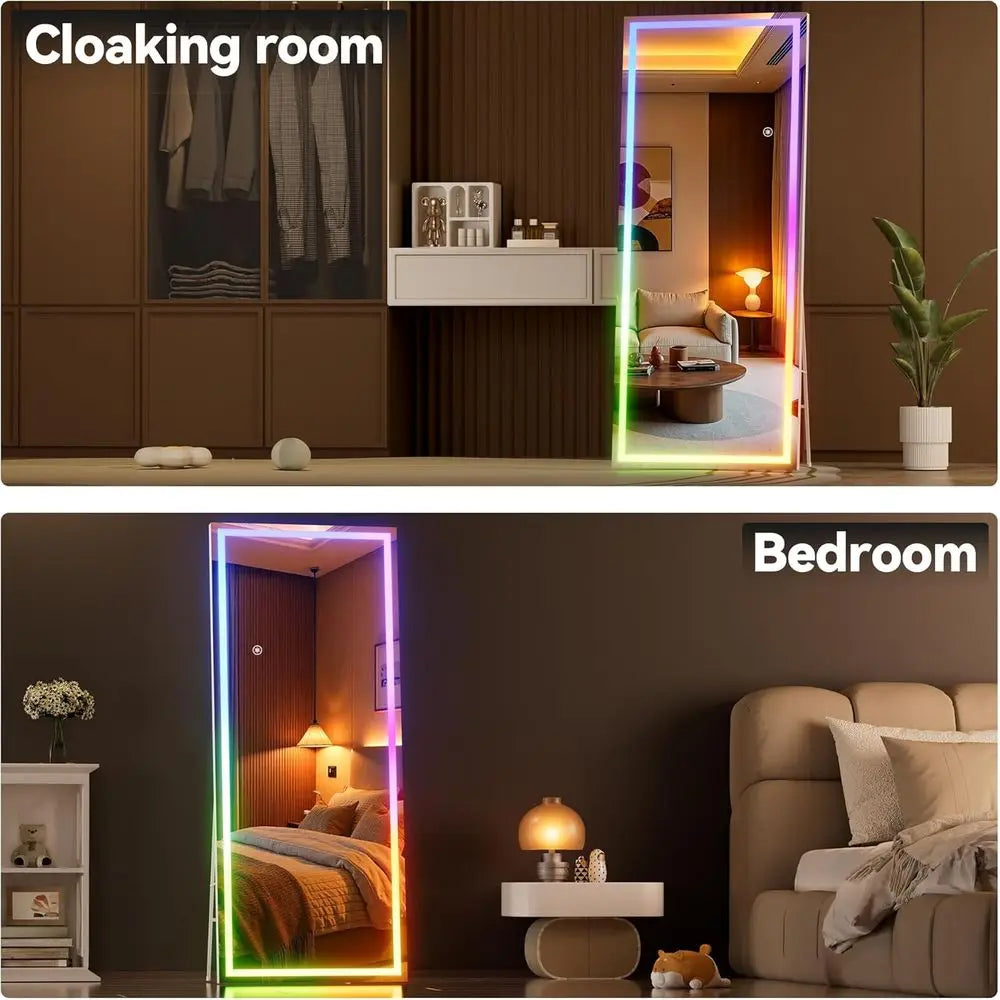 56"x16" LED RGB Bluetooth ull Length Mirror with Lights, ull Body Mirror with Stand, Wall Mount & ree Standing loor Mirror or Be