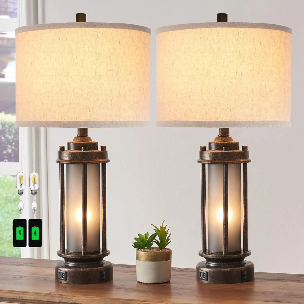 Rustic Farmhouse Table Lamp Set with USB Ports, Night Light, and 4 Bulbs Included