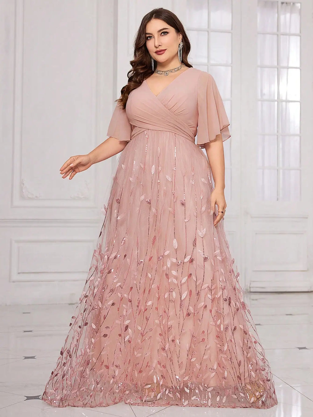 Plus Size V-Neck Flounce Sleeve Leaf Embroidered Mesh Evening Gown For Wedding Guest Prom