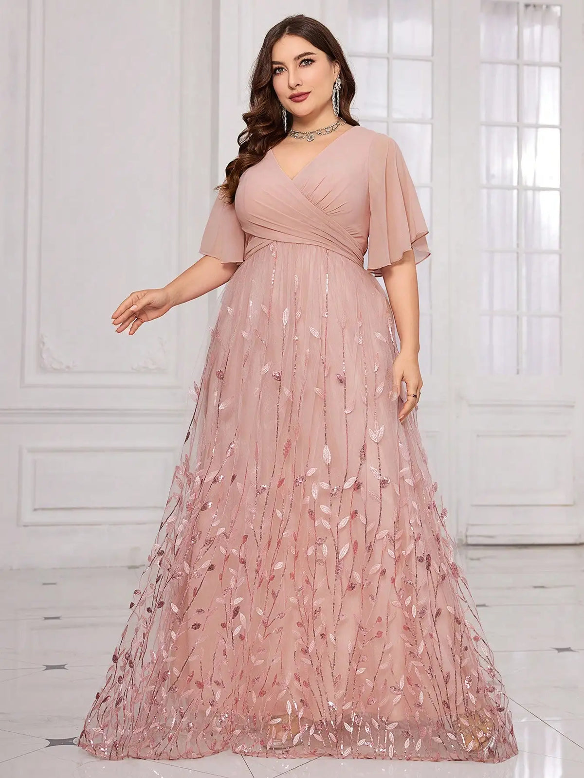 Plus Size V-Neck Flounce Sleeve Leaf Embroidered Mesh Evening Gown For Wedding Guest Prom