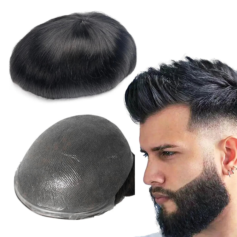 【TIMIA】Men's wig 0.1 Toupee Straight Hair 8"x10" With 130% #1B Nuture Black Men's PU Skin Base Human Hair System Toupee