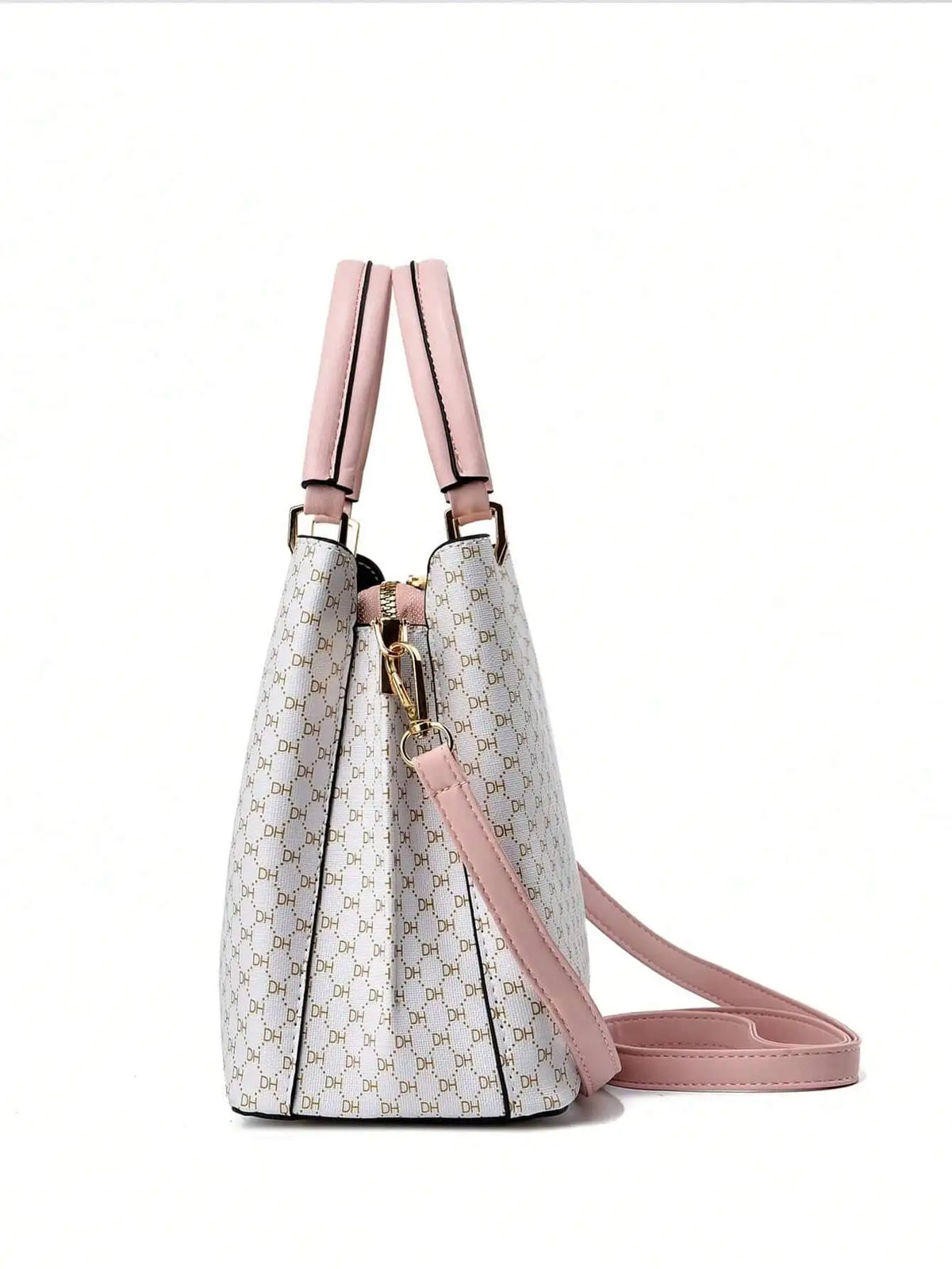Women's Pink & Cream Patchwork Top-Handle Tote Bag with Leaf Charm