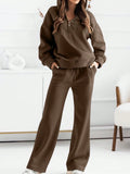 Women's Brown Hooded Half-Zip Sweatshirt and Wide-Leg Pants Set