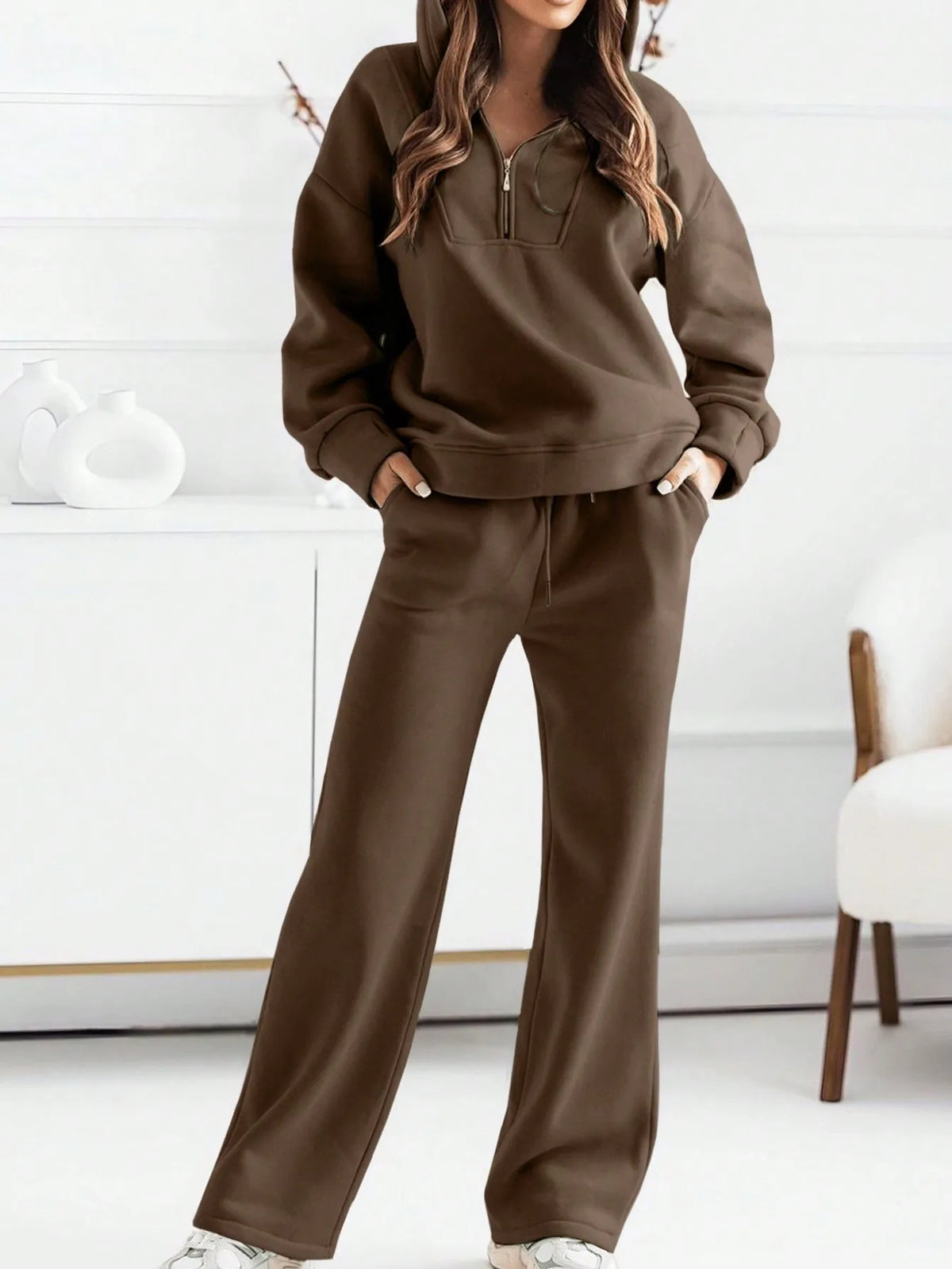 Women's Brown Hooded Half-Zip Sweatshirt and Wide-Leg Pants Set