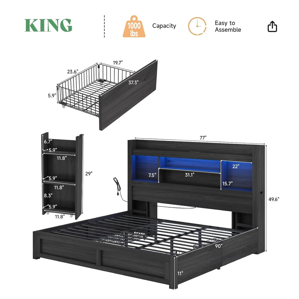 King Size Bed Frame with 4 Storage Drawers, LED Bed Frame with 49.6" Tall Bookcase Headboard, Wood Platform Bed with Charging St