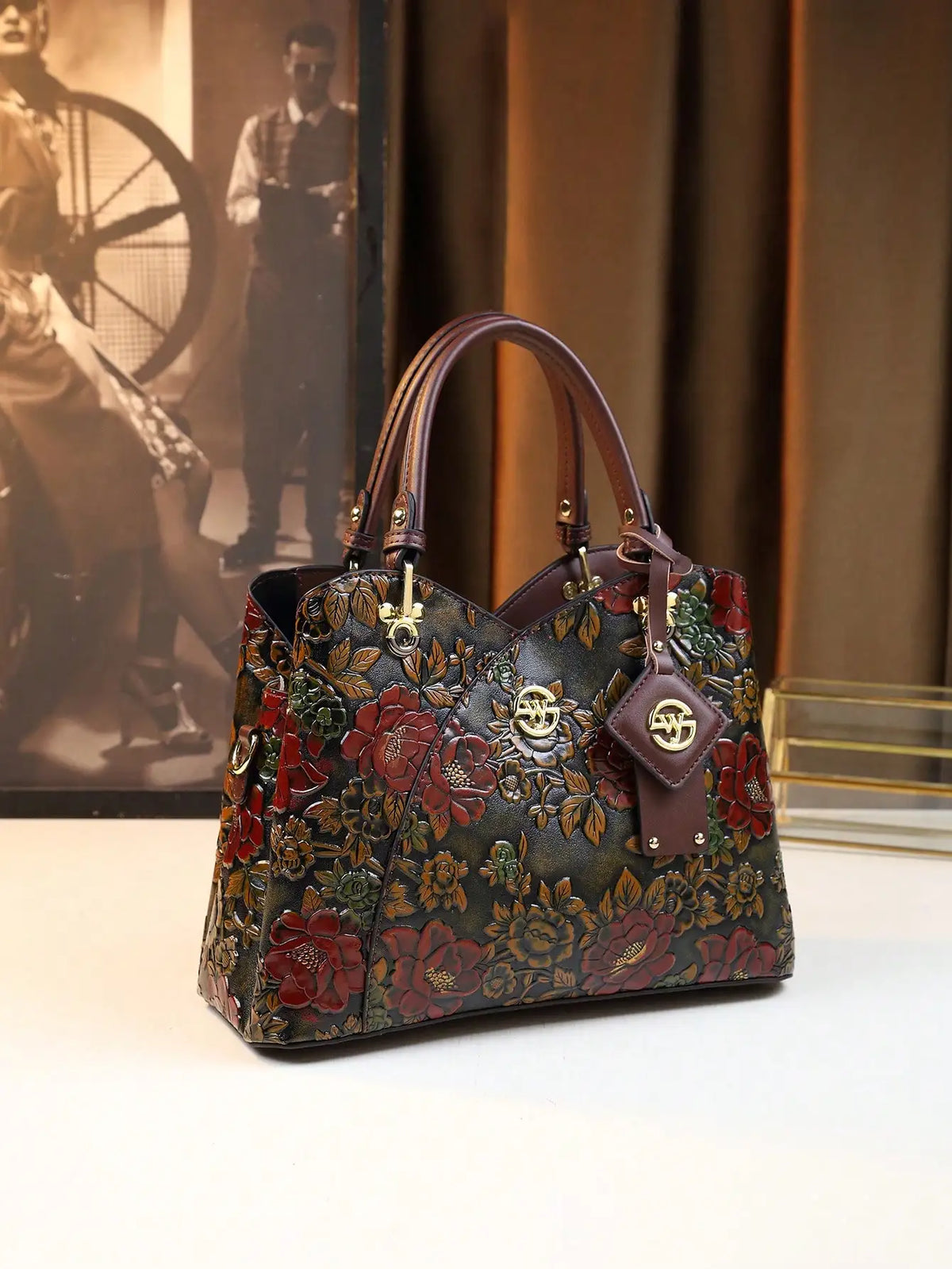 Vintage-Style Embossed Floral Leather Top-Handle Handbag for Women