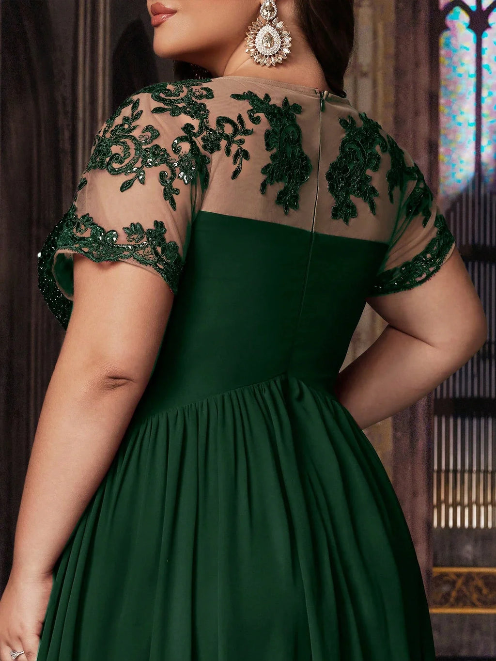 Plus Size Women Solid Green Sequined Applique Short Sleeve Floor Length Gown Dress