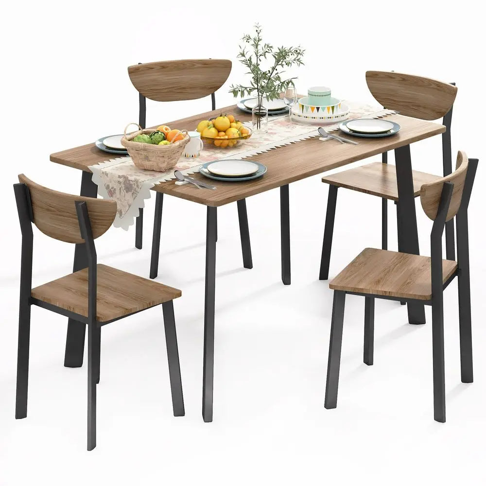 Dining Table Set for 4, Modern Rectangular 5 Piece Dining Room Table and Chairs Set, Brown Wooden Metal Table Set for Family Din