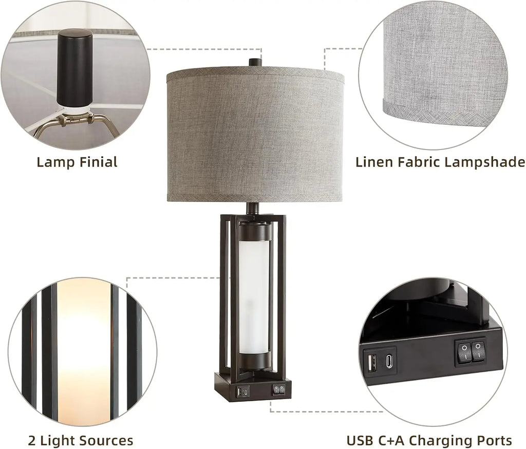 Set of 2 Modern Table Lamps with USB C+A Ports, Night Light, Retro Design for Living Room Bedroom, Includes 4 Bulbs