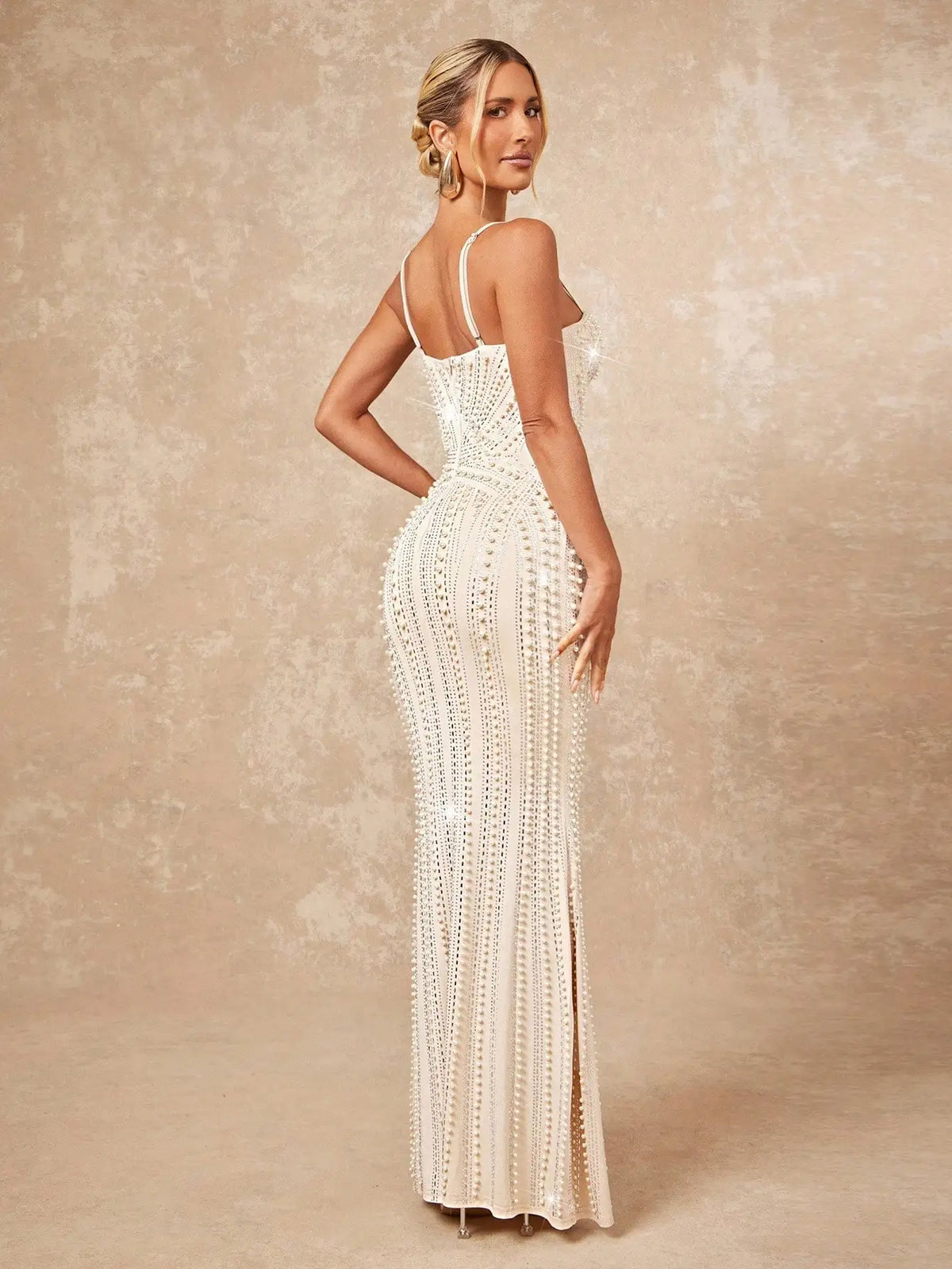 Elegant Faux Pearl And Rhinestone Bustier Maxi Dress For Party Gala Wedding